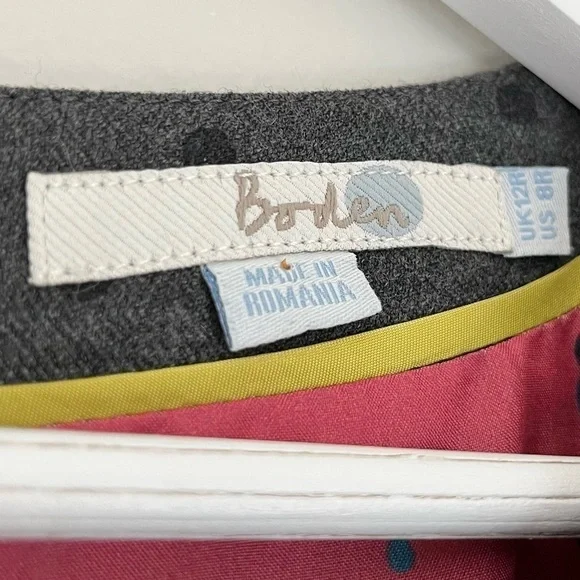 Boden Wool Blend Polka Dot Floral Lined Tulip Split Neck Cap Sleeve Dress Grey 8 - Picture 7 of 9